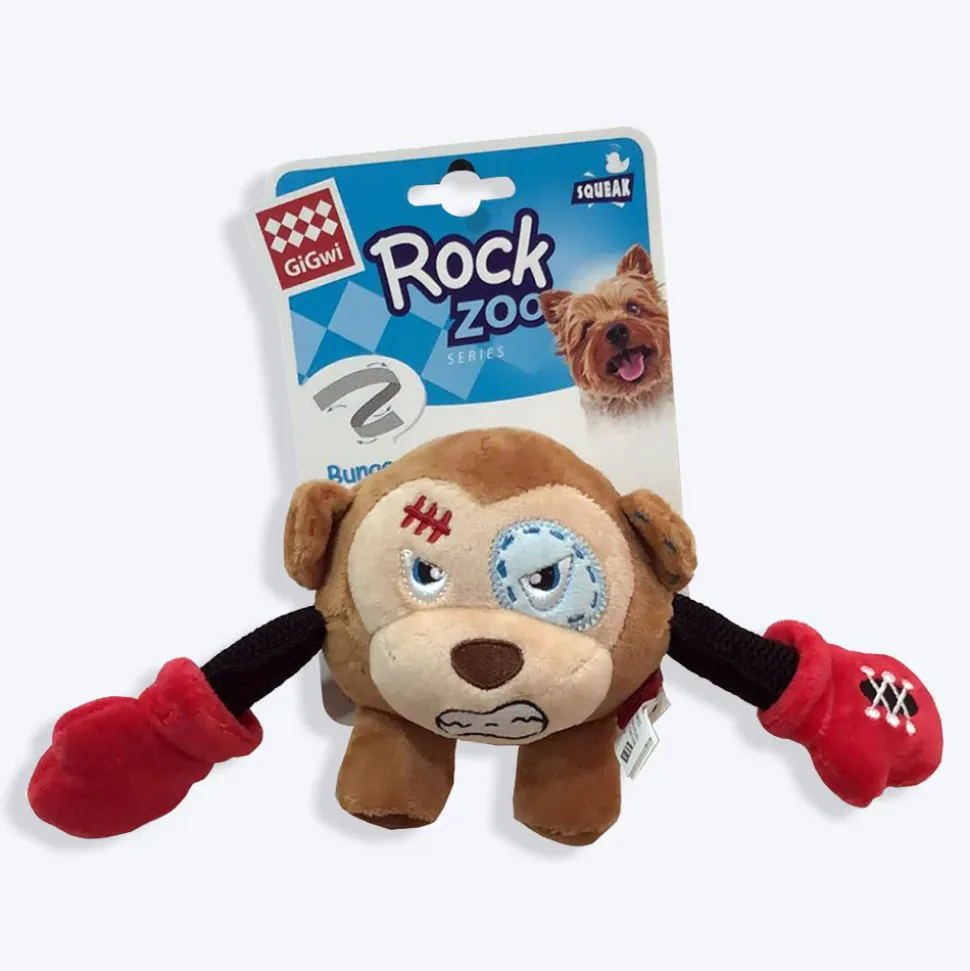 GiGwi Monkey Rock Zoo King Boxer With Squeaker, Bungee Arm Fetch Dog Toy - Brown - S