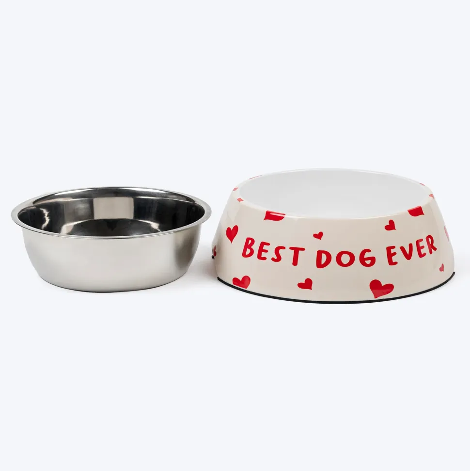 HUFT Best Dog Ever Printed Melamine Bowl With Steel Inserts For Dog - Beige