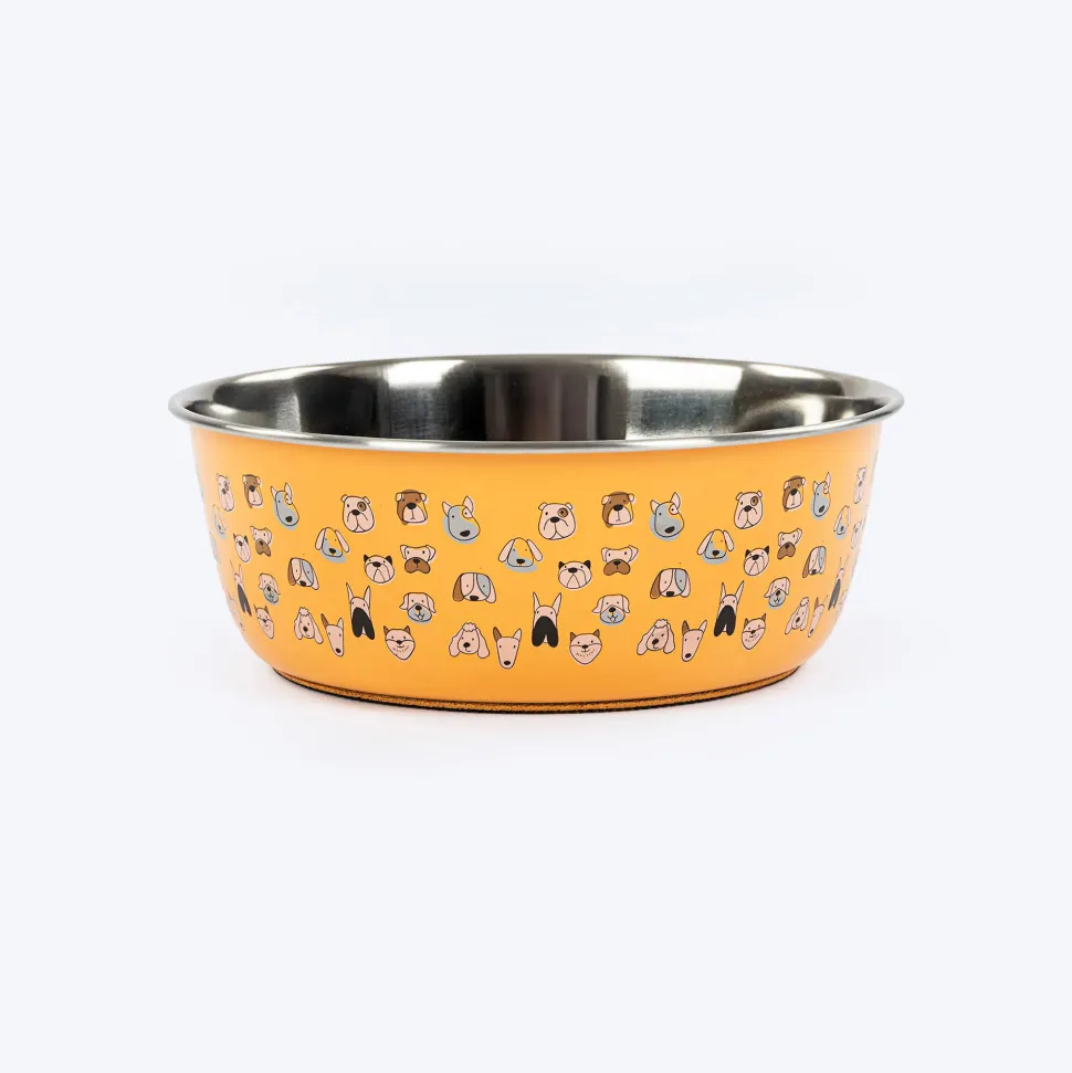 HUFT Doodle Tails Printed Steel Bowl For Dog - Yellow