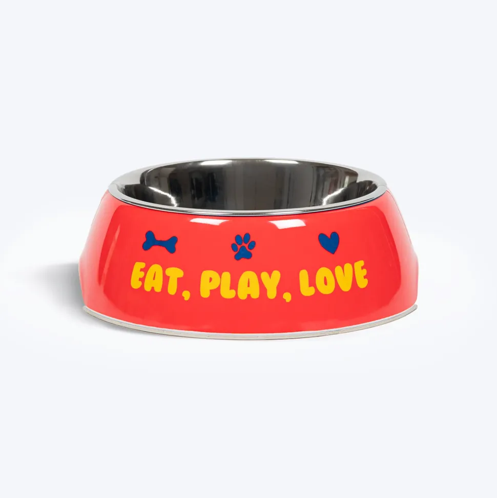 HUFT Eat Play Love Printed Melamine Bowl for Dog - Red