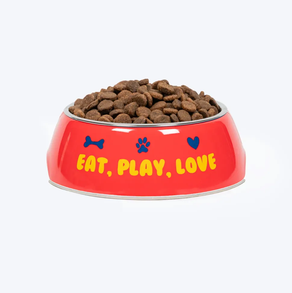 HUFT Eat Play Love Printed Melamine Bowl for Dog - Red