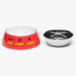 HUFT Eat Play Love Printed Melamine Bowl for Dog - Red