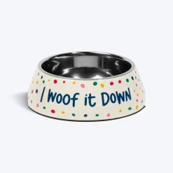 HUFT I Woof It Down Printed Melamine Bowl With Steel Insert For Dog - Beige