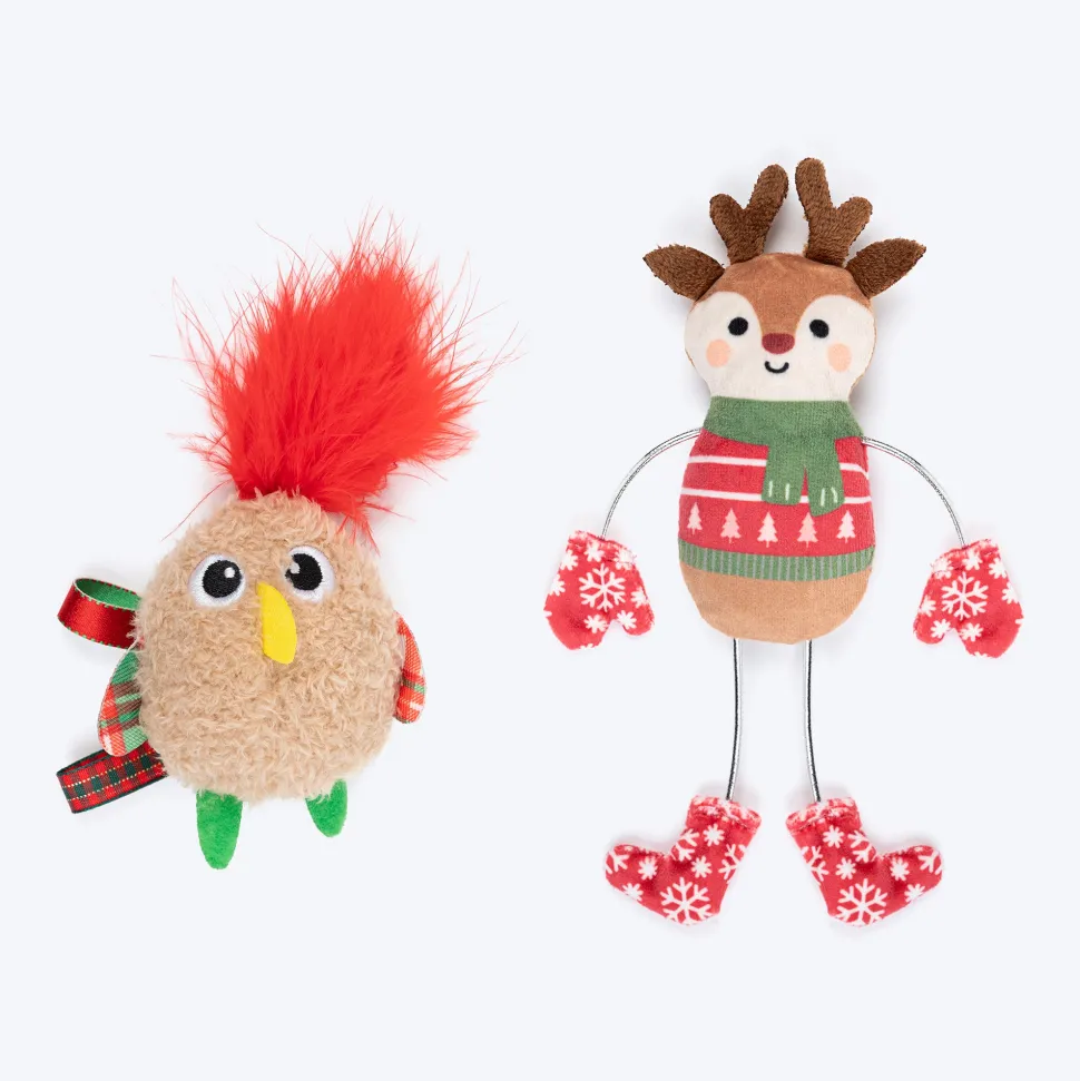 HUFT Merry Buddies Plush Toys With Catnip For Cat - Beige & Red - Set Of 2