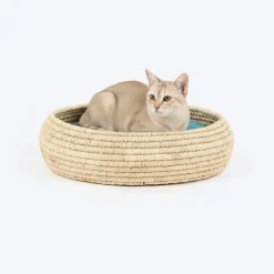 HUFT Nature Nap Basket Bed With Block Printed Cushion For Cat - Multicolor