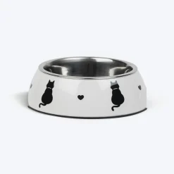 HUFT Purrfect Catch Printed Melamine Bowl With Steel Inserts For Cat - White