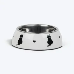 HUFT Purrfect Catch Printed Melamine Bowl With Steel Inserts For Cat - White