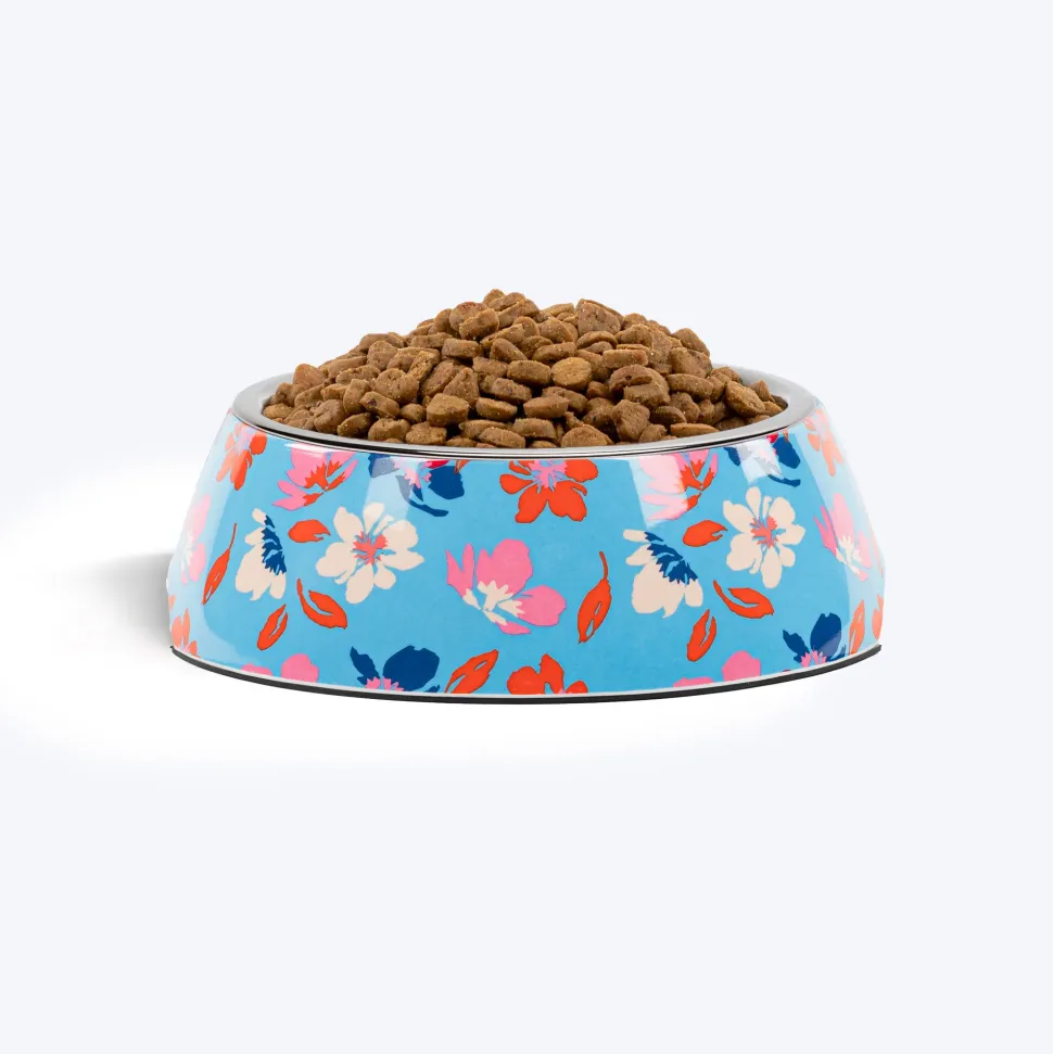 HUFT Summer Bloom Printed Melamine Bowl With Steel Insert For Dog - Blue