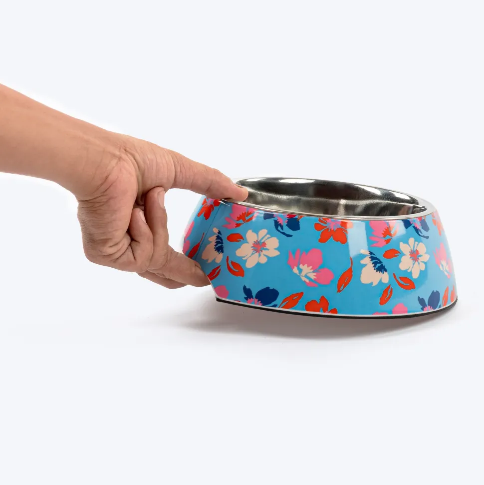 HUFT Summer Bloom Printed Melamine Bowl With Steel Insert For Dog - Blue
