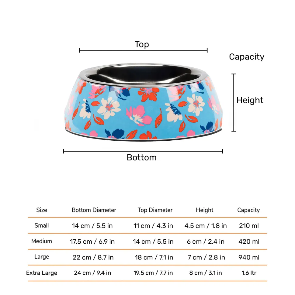 HUFT Summer Bloom Printed Melamine Bowl With Steel Insert For Dog - Blue