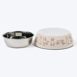 HUFT Wag And Doodle Printed Melamine Bowl With Steel Inserts For Dogs - Beige