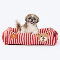 HUFT Bear Stripes Lounger Bed For Dog - Red & Ivory