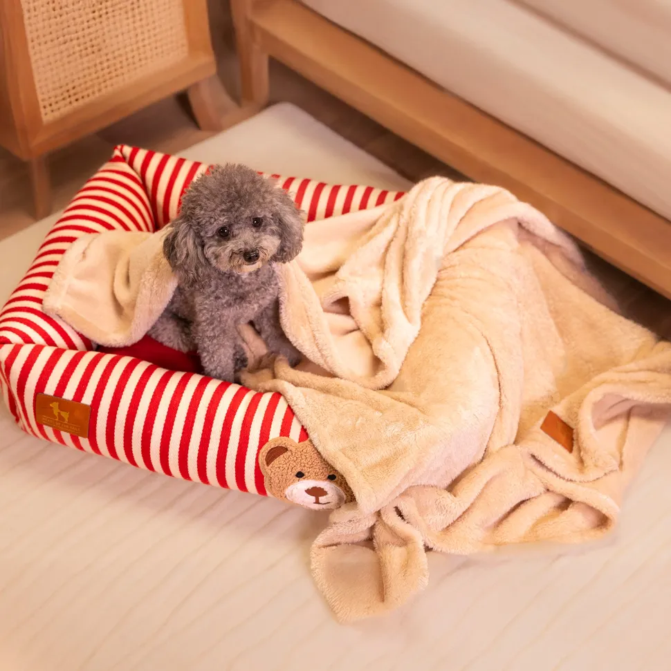 HUFT Bear Stripes Lounger Bed For Dog - Red & Ivory