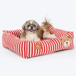 HUFT Bear Stripes Lounger Bed For Dog - Red & Ivory