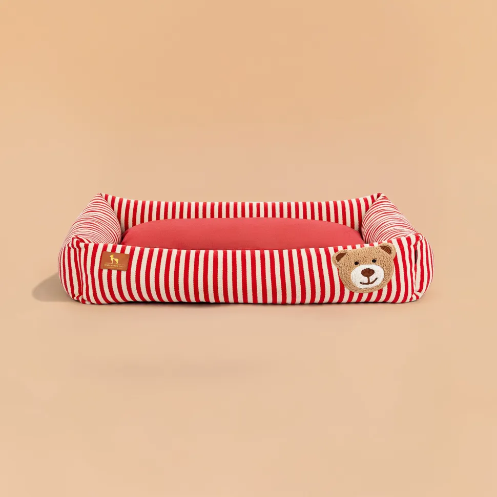 HUFT Bear Stripes Lounger Bed For Dog - Red & Ivory