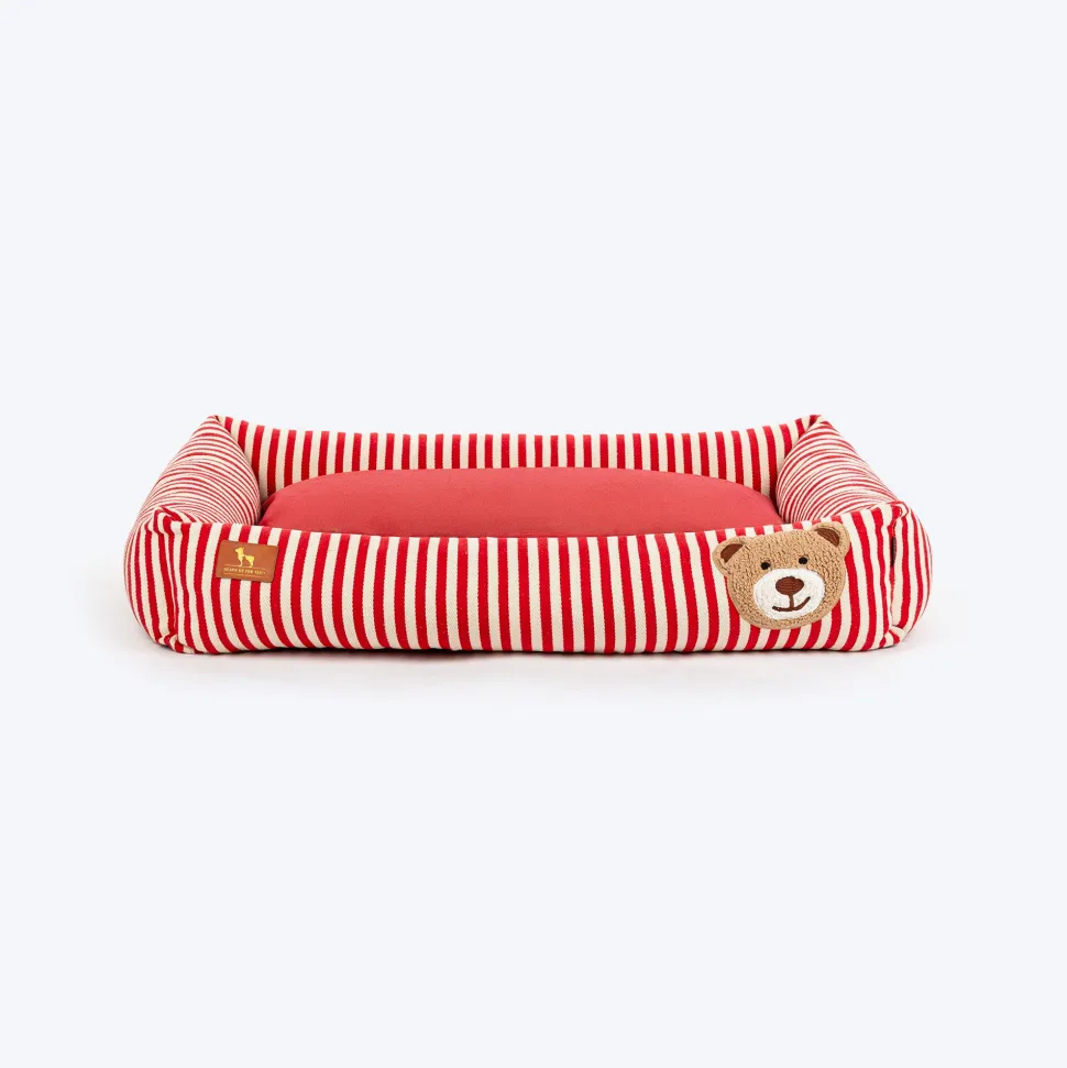 HUFT Bear Stripes Lounger Bed For Dog - Red & Ivory