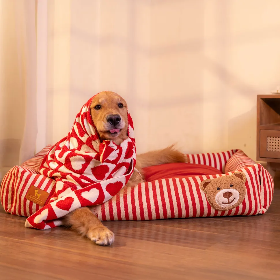 HUFT Bear Stripes Lounger Bed For Dog - Red & Ivory