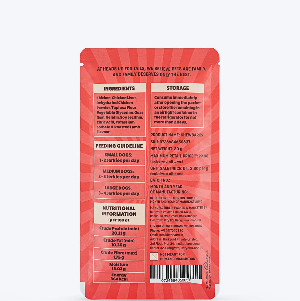 HUFT Chewbarks Dog Soft Chew Strips Treats - Roasted Lamb - 30 gm