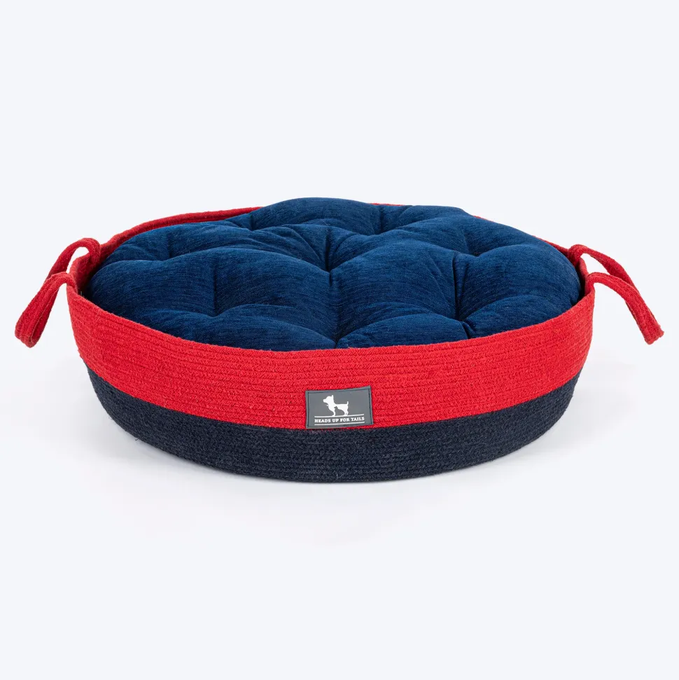 HUFT Cuddle Paws Jute Basket Bed With Cushion For Small Dogs & Cats - Red & Navy