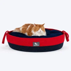HUFT Cuddle Paws Jute Basket Bed With Cushion For Small Dogs & Cats - Red & Navy