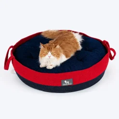 HUFT Cuddle Paws Jute Basket Bed With Cushion For Small Dogs & Cats - Red & Navy