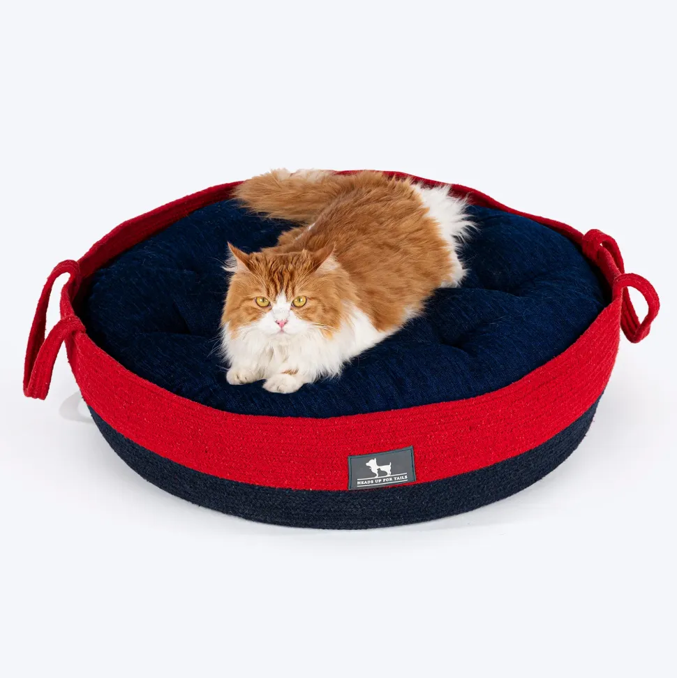 HUFT Cuddle Paws Jute Basket Bed With Cushion For Small Dogs & Cats - Red & Navy