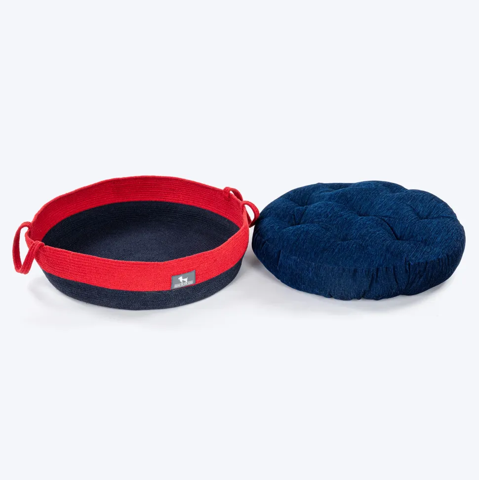 HUFT Cuddle Paws Jute Basket Bed With Cushion For Small Dogs & Cats - Red & Navy