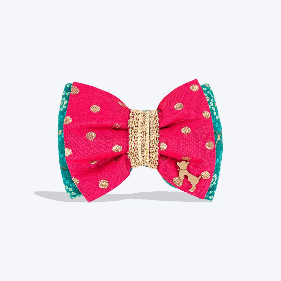 HUFT Desi Glam Bow Tie For Dog - Pink & Green