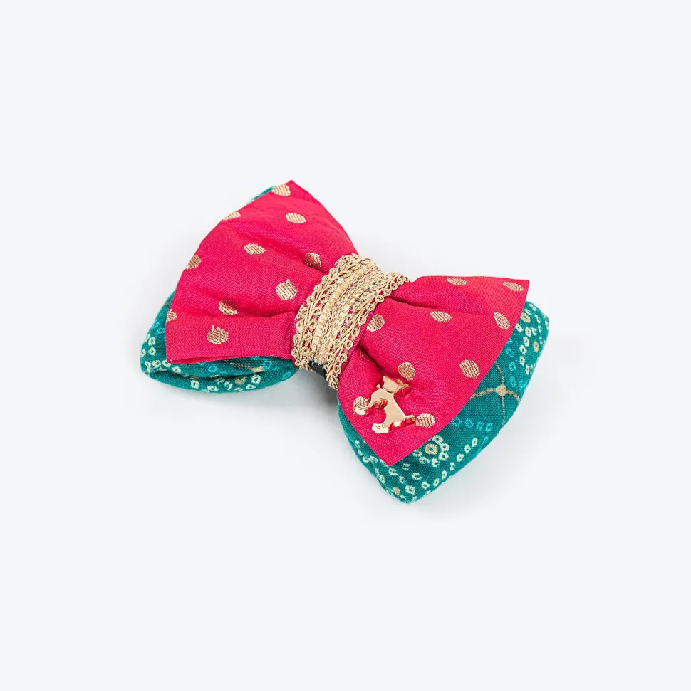 HUFT Desi Glam Bow Tie For Dog - Pink & Green