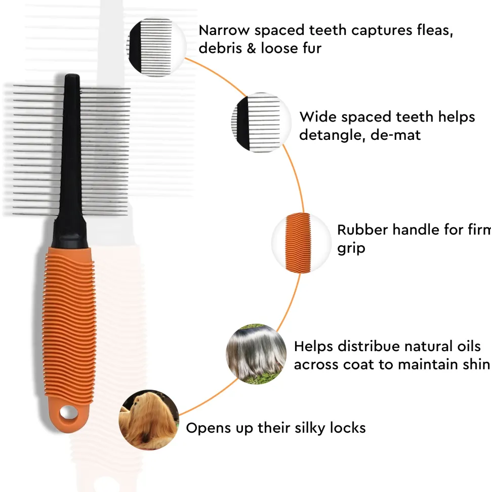 HUFT Double Sided Steel Comb for Cats & Dogs - Orange