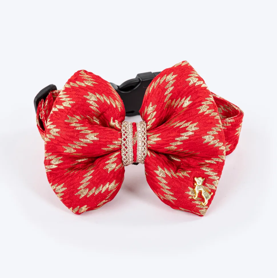 HUFT Festive Desi Glam Dog Bow Tie With Strap - Red
