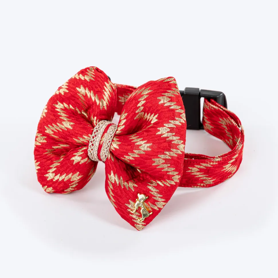 HUFT Festive Desi Glam Dog Bow Tie With Strap - Red