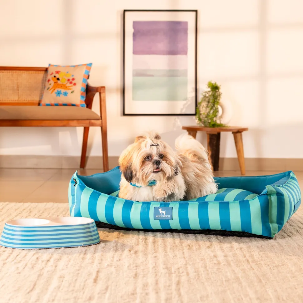HUFT Happy Stripes Lounger Bed For Dog - Blue & Turquoise
