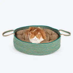 HUFT Whisker Retreat Jute Basket Bed With Cushion For Small Dogs & Cats- Aqua & Brown