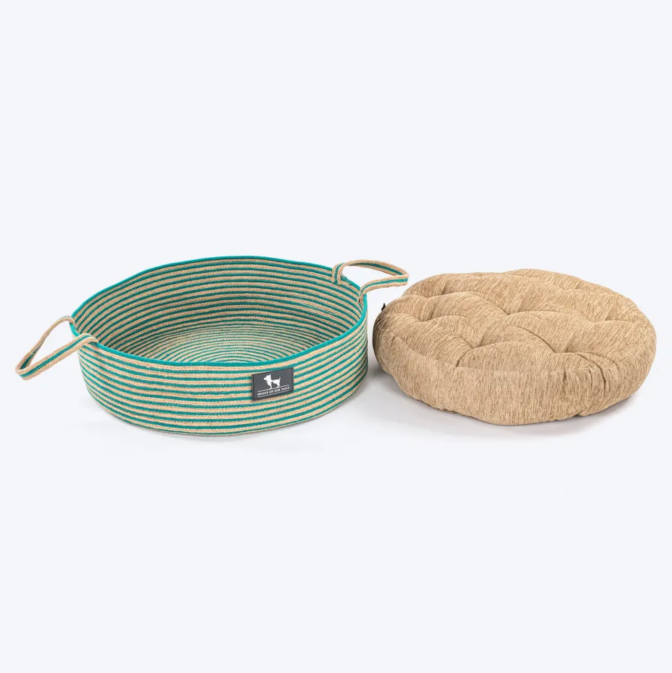 HUFT Whisker Retreat Jute Basket Bed With Cushion For Small Dogs & Cats- Aqua & Brown
