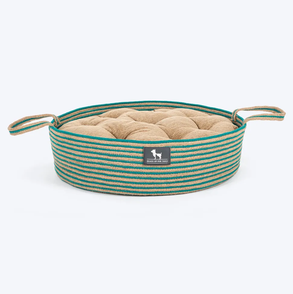 HUFT Whisker Retreat Jute Basket Bed With Cushion For Small Dogs & Cats- Aqua & Brown