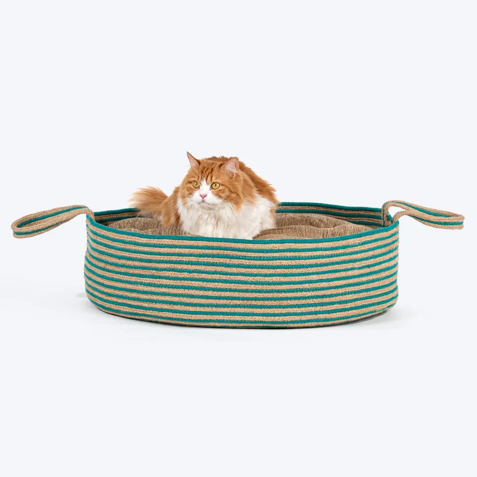 HUFT Whisker Retreat Jute Basket Bed With Cushion For Small Dogs & Cats- Aqua & Brown