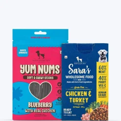 HUFT Wholesome Chicken, Turkey Food & Yum Nums Blueberry Treats Combo For Dog