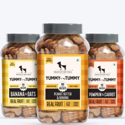 HUFT Yummy In My Tummy Vegetarian Gluten Free Dog Biscuits Combo - Pumpkin & Carrots, Peanut Butter & Banana, Banana & Oats - Pack of 3 (320 gm x 3)