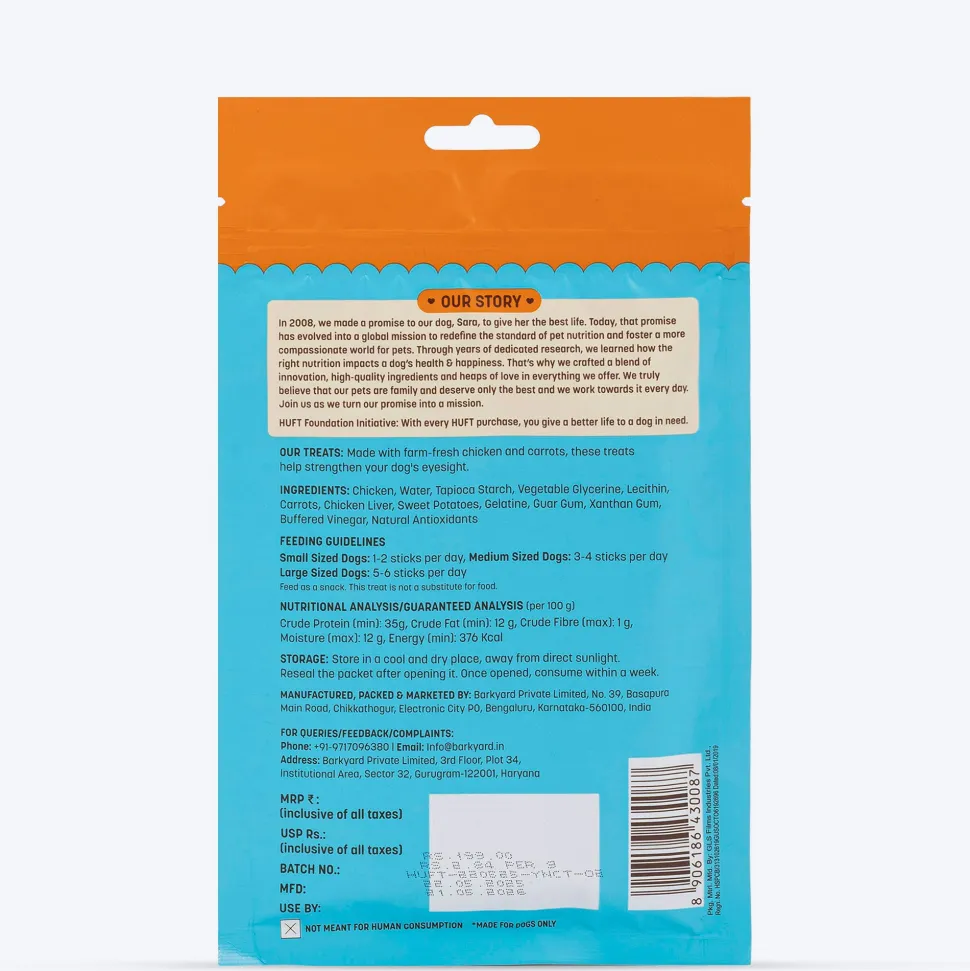 HUFT Yum Nums Dog Treats Soft & Chewy Sticks Carrot With Real Chicken