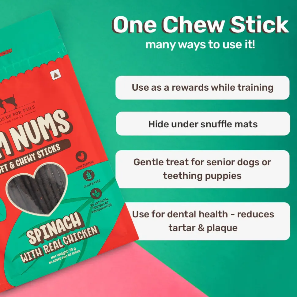 HUFT Yum Nums Dog Treats Soft & Chewy Sticks Spinach With Real Chicken - 70 gm