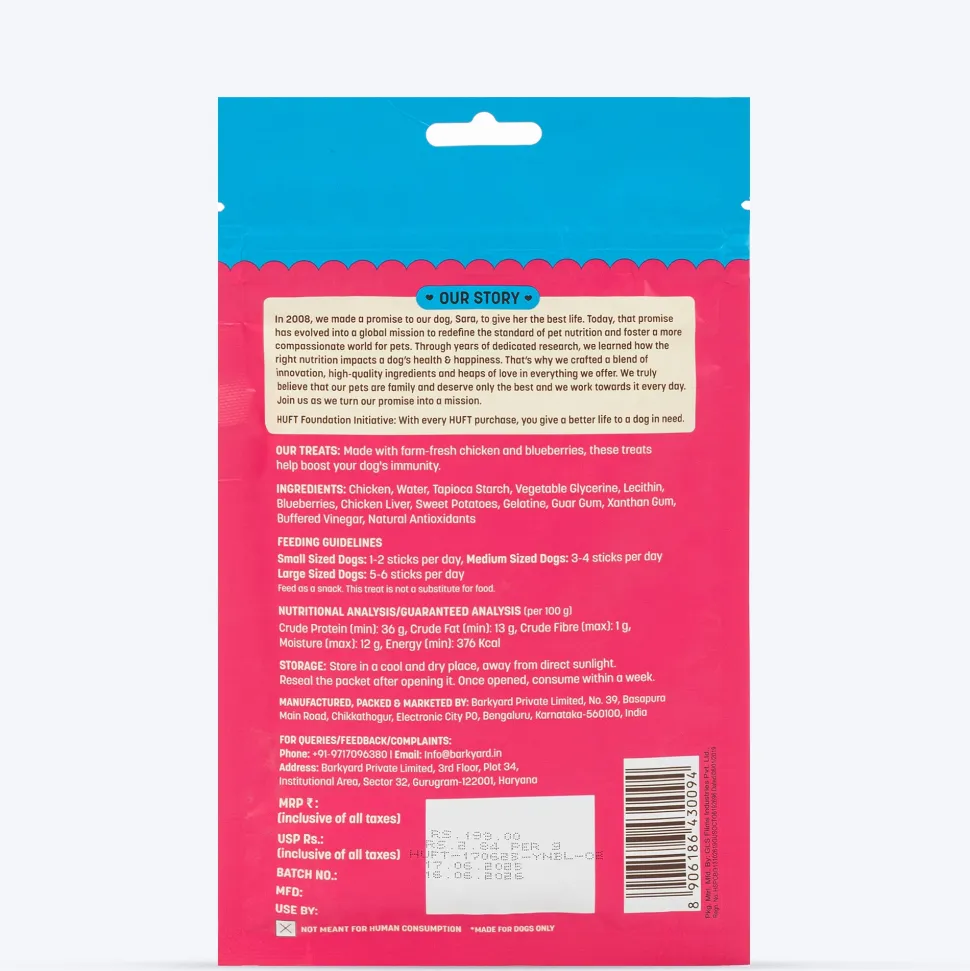 HUFT Yum Nums Dog Treats Soft & Chewy Sticks Blueberry With Real Chicken - 70 gm