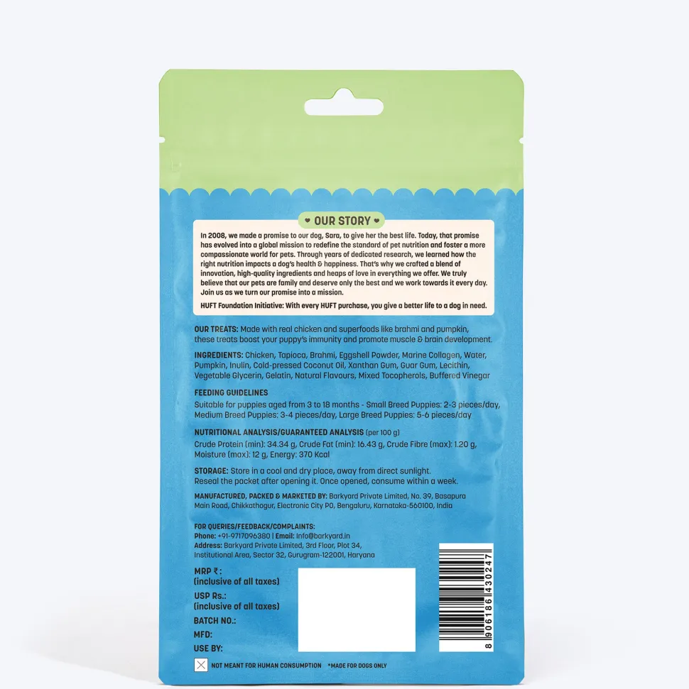 HUFT Yum Nums Soft & Chewy Puppy Treats - Chicken, Brahmi & Marine Collagen- 70 gm