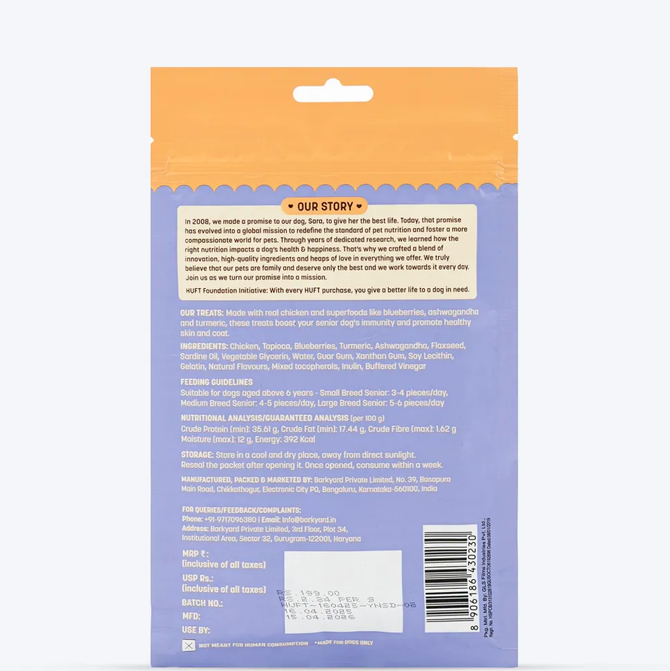 HUFT Yum Nums Soft & Chewy Senior Dog Treats - Chicken, Blueberries & Ashwagandha - 70 gm