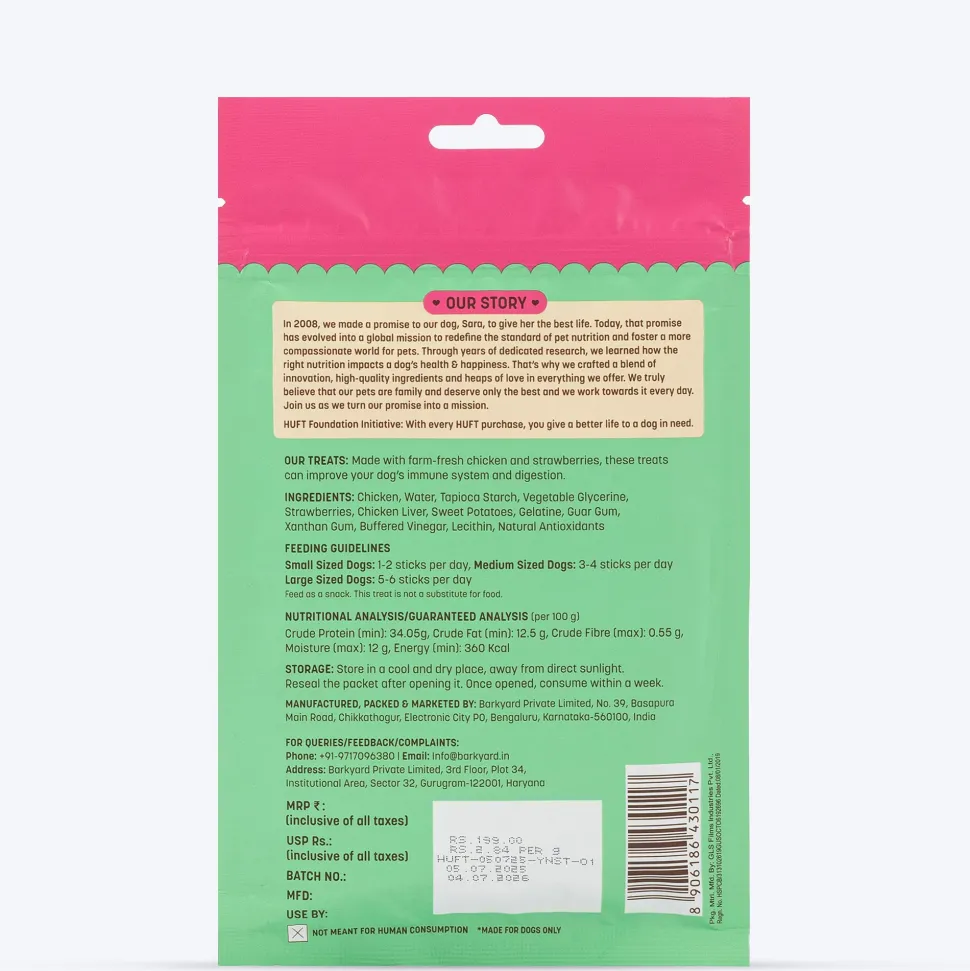 HUFT Yum Nums Soft & Chewy Sticks Strawberry with Real Chicken Treat For Dogs