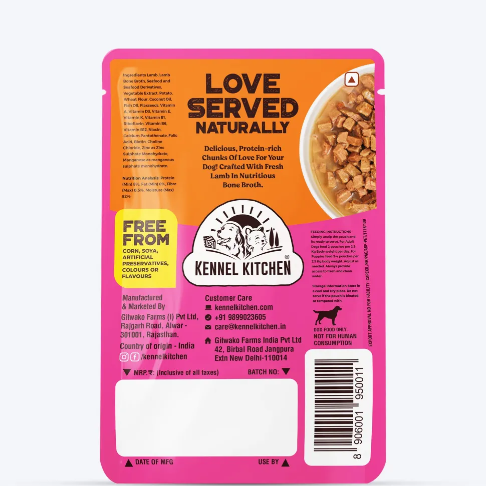 Kennel Kitchen (All Breeds & Ages) Lamb Chunks in Gravy Wet Dog Food - 80 g Packs