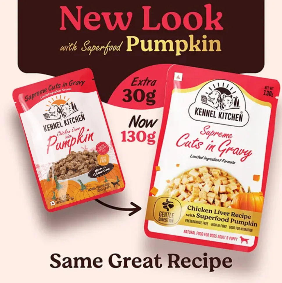 Kennel Kitchen Chicken Liver with Pumpkin Supreme Cuts In Gravy Wet Dog Food - 130 g Packs