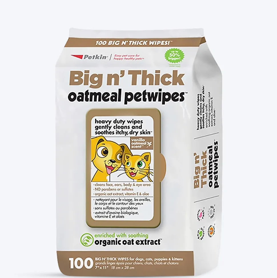 Petkin Big n' Thick Oatmeal Pet Wipes For Dogs & Cats - 100 Pieces