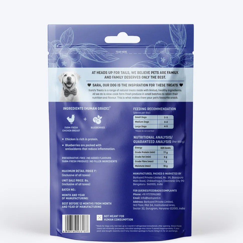 Sara's Dehydrated Chicken Jerky with Blueberry Dog Treats 70g