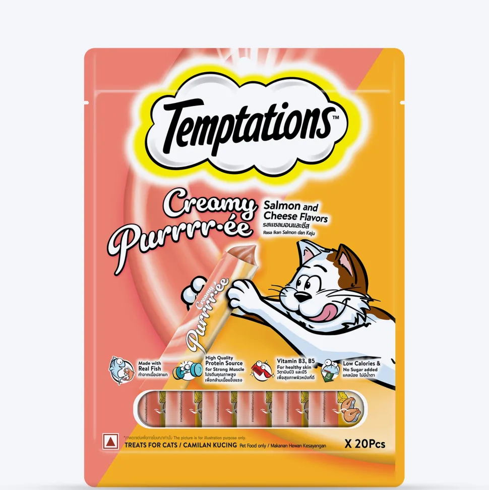 Temptations Creamy Purrrr-ee Salmon & Cheese Flavors Cat Treats - 240 gm (20 x 12gm)